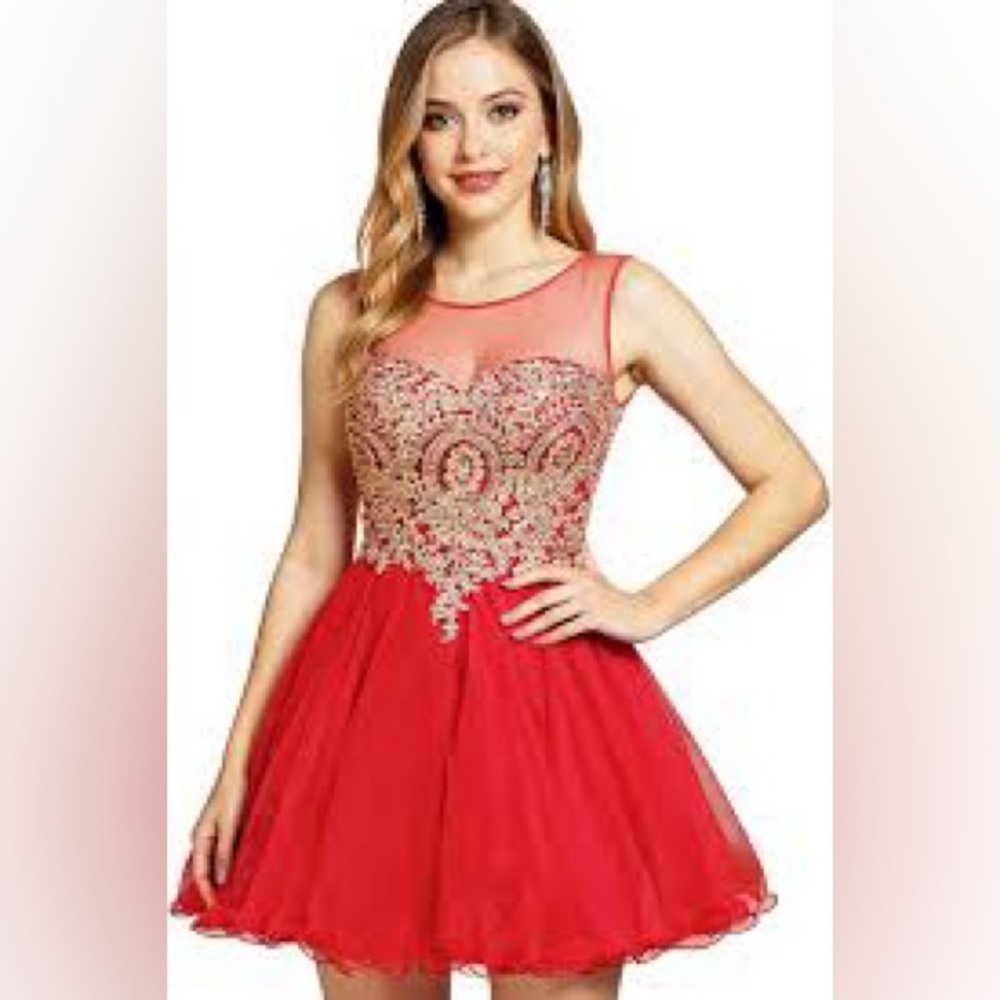 New Babyonline Wms Red Gold‎ Floral Appliqué Embroidery Fit&Flare Party Dress XS